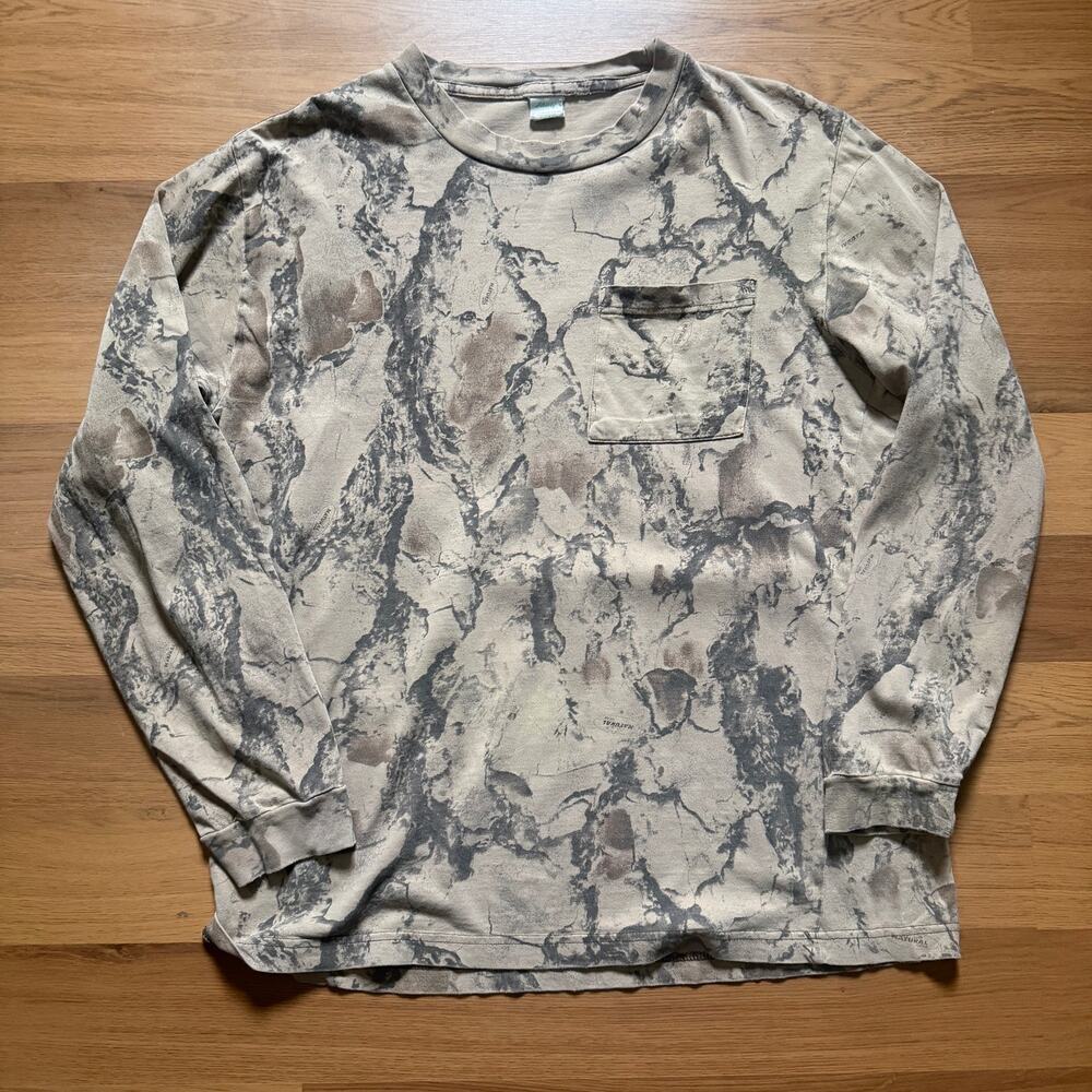 Men's Vintage Liberty Camo Camouflage Brown Long Sleeve Pocket Tee Shirt Sz M